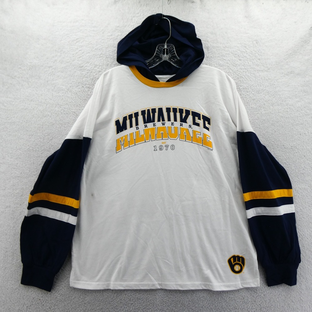 G-III Shirt Womens Medium Milwaukee Brewers White Navy Hooded Long Sleeve Cotton